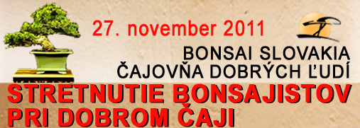 Bonsajová nedeľa 27. 11. 2011 .............. 10,00 - 15,30 STRETNUTIE BONSAJISTOV PRI DOBROM ČAJI    Dopoludnia Premietanie fotografií najkrajších bonsajov Japonska, Číny, Taiwanu a zvyšku bonsajového sveta Ochutnávky novej kolekcie zimných vianočných čajov   13,00 Stretnutie slovenských bonsajistov pri dobrom čaji