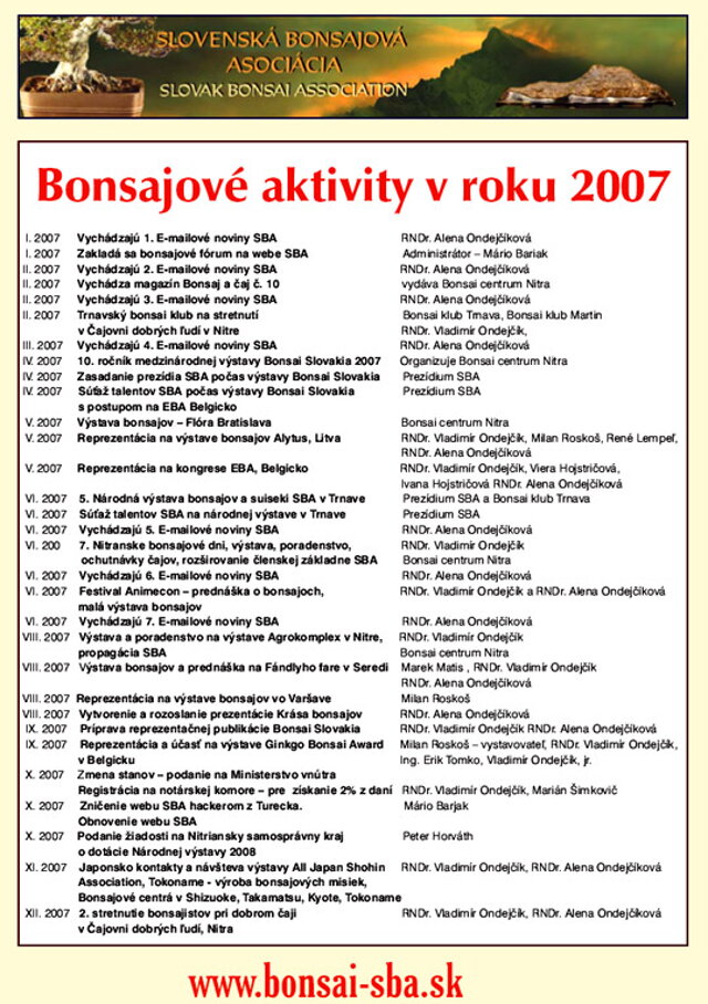 SLOVENSKÁ BONSAJOVÝ ASOCIÁCIA V ROKOCH 2006-2010 - PREZIDENT SBA RNDr. VLADIMÍR ONDEJČÍK